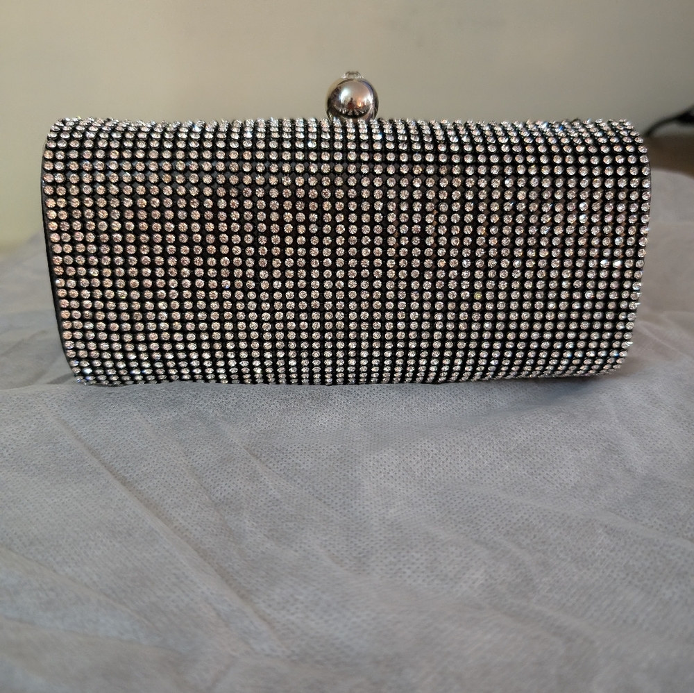 Rhinestone evening bag, tiny chain, floral satin lining
